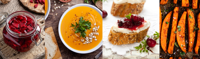 A jar of pickled beets a bowl of pumpkin soup cranberry ricotta toast sweet potato fries