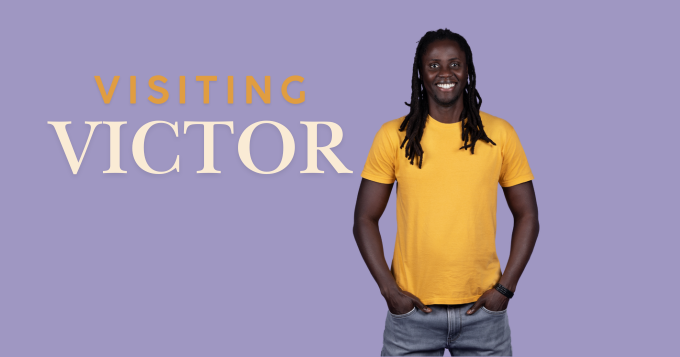 A man in a bright yellow shirt and the label 